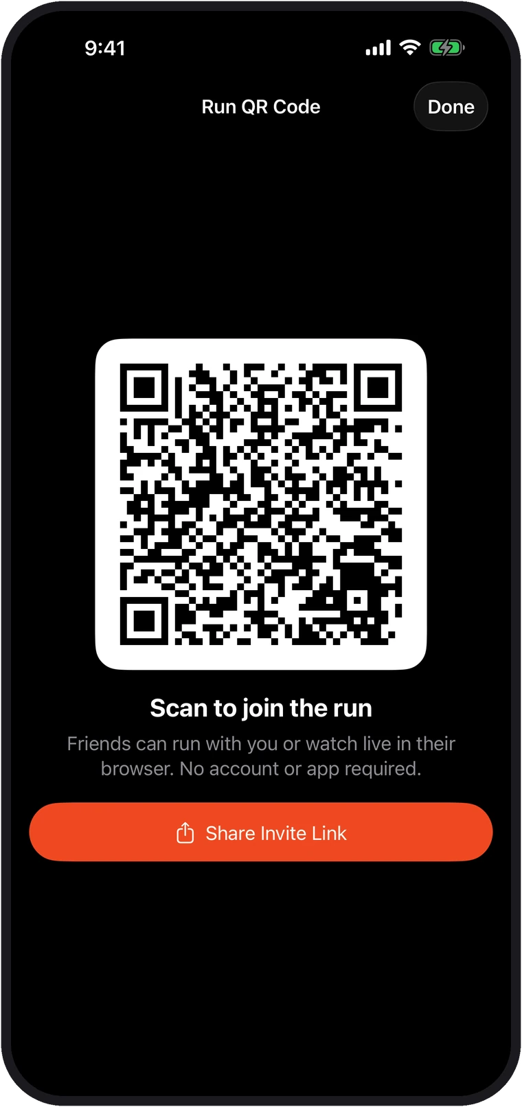 RunPal invite screen with a QR code and private invite link