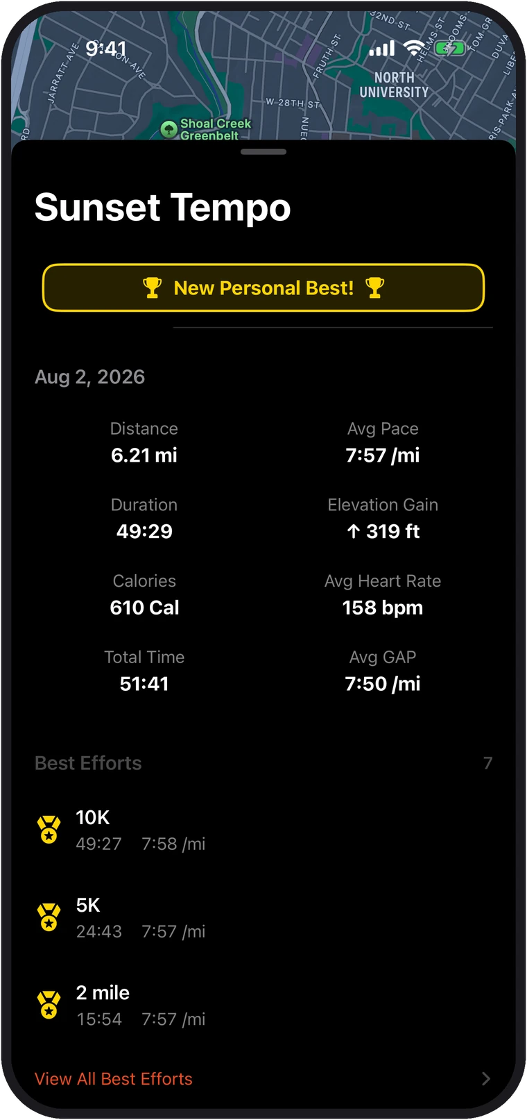 RunPal run summary showing distance, pace, heart rate, elevation and best efforts